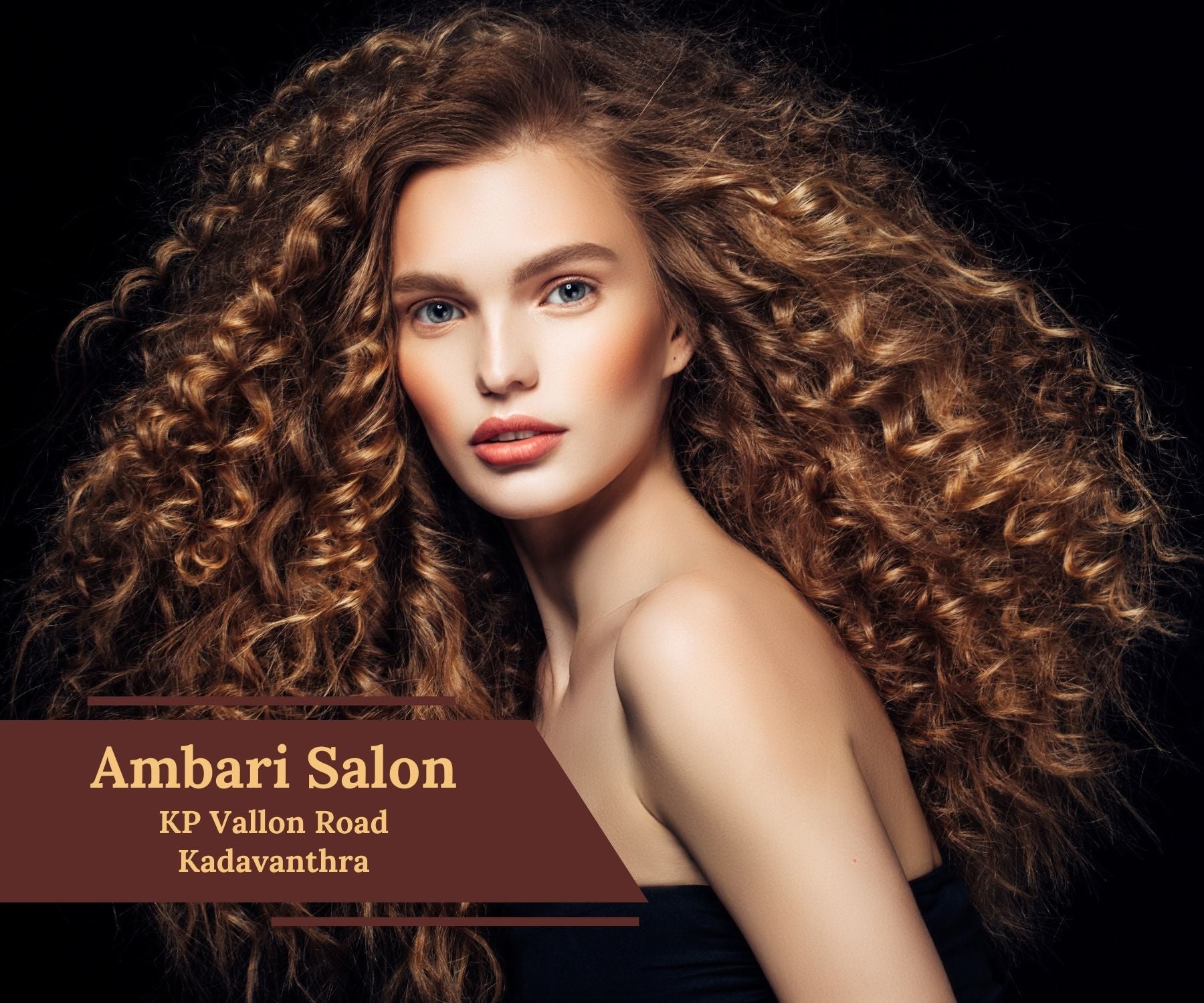 Woman with long, wavy hair against a dark background with 'Ambari Salon KP Vallon Road, Kadavanthra' text.